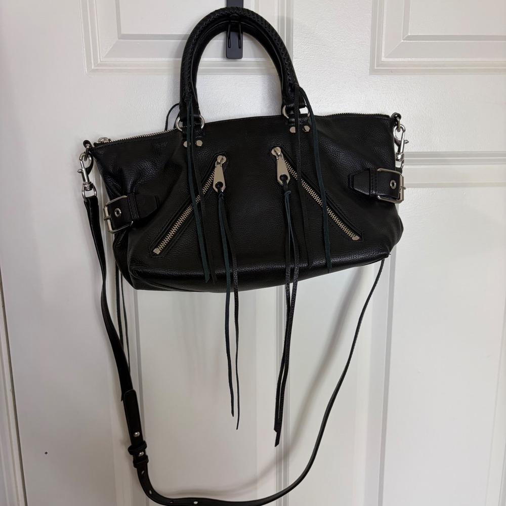 Rebecca Minkoff Moto Satchel Black Pebbled Leather Crossbody Bag Silver Hardware
